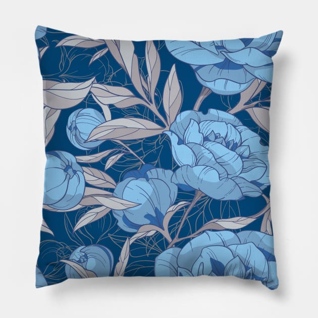 blue and gray peonies, seamless floral pattern Pillow by  ESHA-Studio