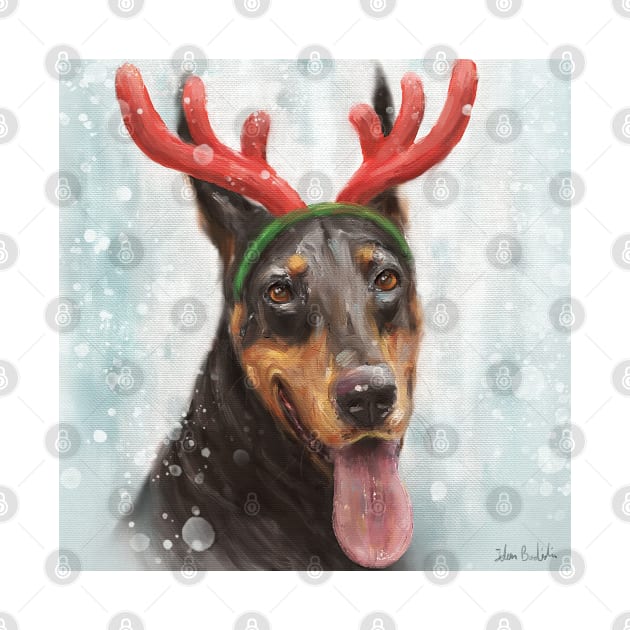 Painting of a Doberman with a Reindeer Headpiece Costume by ibadishi