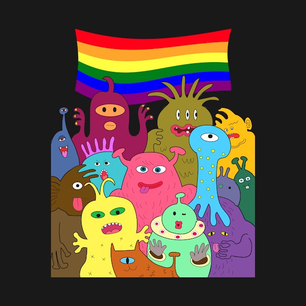 Halloween gay pride celebration. Group of cute alien monsters with lgbtq rainbow flag. by Nalidsa