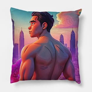 Lofi Shirtless Thai Man Overlooking City 03 Pillow