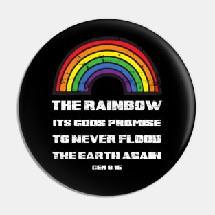 The rainbow its God's promise to never flood the earth again, from genesis 9:15 white text Pin