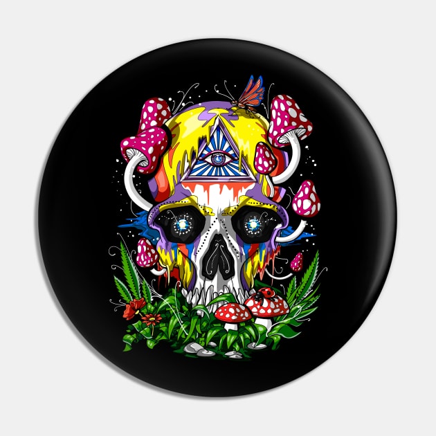 Psychedelic Magic Mushrooms Skull Pin by underheaven