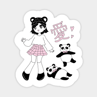 Cute girl with little pandas and love kanji Magnet