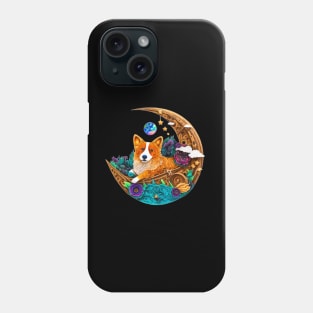 Corgi Dog in Space on Crescent Moon Planets Stars Cute Art Digital Painting Phone Case