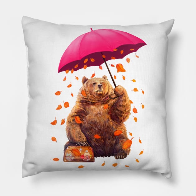 Bear with umbrella on white Pillow by kodamorkovkart