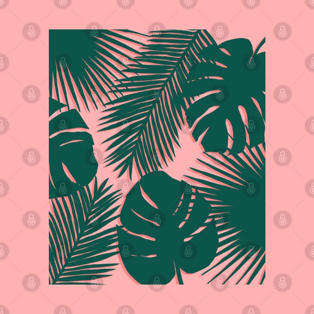 Coral Pink and Green Tropical Leaves by OneThreeSix