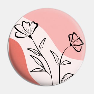 Abstract Botanical Poppy Line Art Flowers On Pink Pin