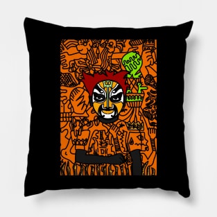 Hatshepsut - Male Character with Chinese Mask and Dark Eyes in a Doodle Background Pillow