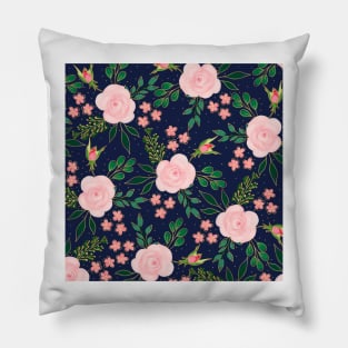 Blue Pink Watercolor Roses Gold Outline Design Pillow