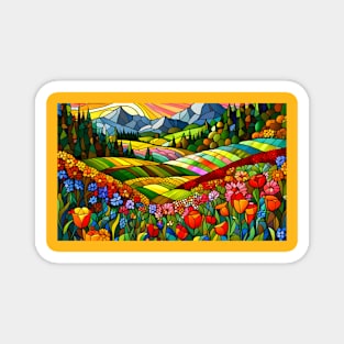 Stained Glass Colorful Mountain Meadow Magnet