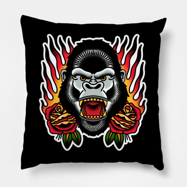 Gorilla Flames and Roses Traditional Tattoo Pillow by Trippycollage