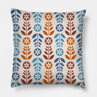 Scandinavian Retro Flowers Blue Orange Umber on Beige Pillow