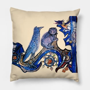 WEIRD MEDEVAL BESTIARY, CAT AND CUCKOO BIRD IN BLUE Pillow