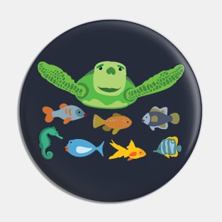 Happy Sea Turtle and Fish Swimming in the Sea Pin