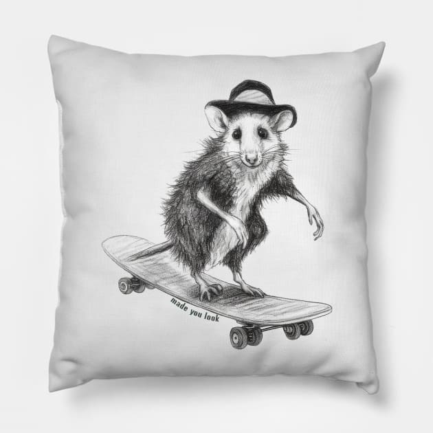 Opossum On A Skateboard: Made You Look Pillow by nonbeenarydesigns