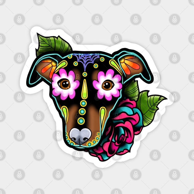 Min Pin with Floppy Ears - Day of the Dead Sugar Skull Dog Magnet by prettyinink