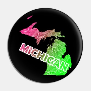 Colorful mandala art map of Michigan with text in pink and green Pin