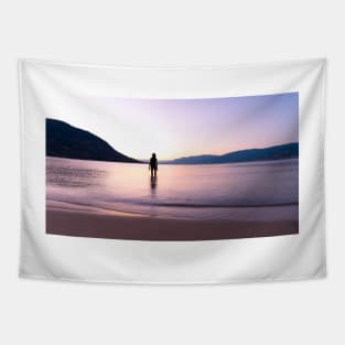 Girl Standing in Lake Watching Sunset at the Beach Tapestry