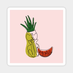 One line art style potted aloe plant and watermelon Magnet