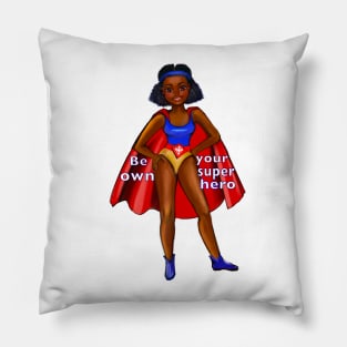 Be your own superhero 2 - Black anime superhero girl with red cape ! beautiful  black girl with Afro hair, brown eyes, Cherry pink lips and dark brown skin. Hair love ! Pillow