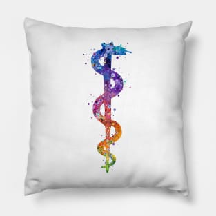 Rod of Asclepius Colorful Watercolor Pharmacy Art Pillow
