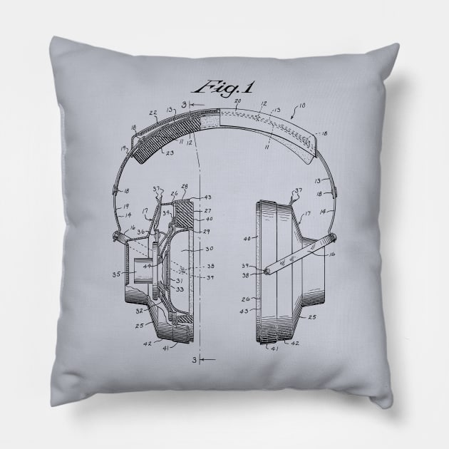 Vintage Headphones Patent Drawing Pillow by MadebyDesign