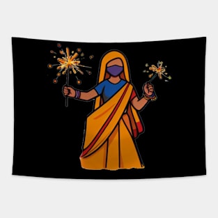 Graceful Celebration: Indian Woman in Traditional Attire with Fireworks Tapestry