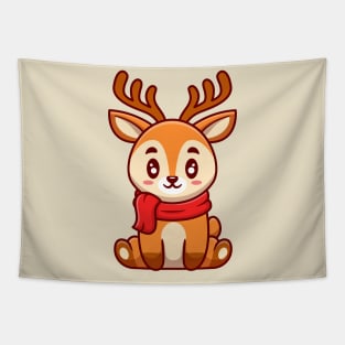 Cute Deer Sitting And Wearing Scarf Cartoon Tapestry