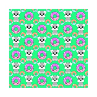Cute happy funny little Schnauzer puppies, sweet yummy Kawaii adorable colorful donuts cartoon bright pastel green pattern design. T-Shirt