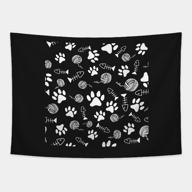 Cat Paw Print, Fish Bones, Ball of Yarn Pattern - White on Black Version Tapestry by SubtleSplit