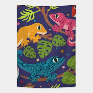 Colourful Geckos with Jungle Leaves and Stars on purple Tapestry