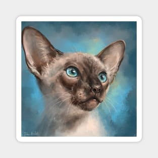 Close Up Painting of a Gorgeous Siamese Cat with Blue Eyes and Blue Background Magnet