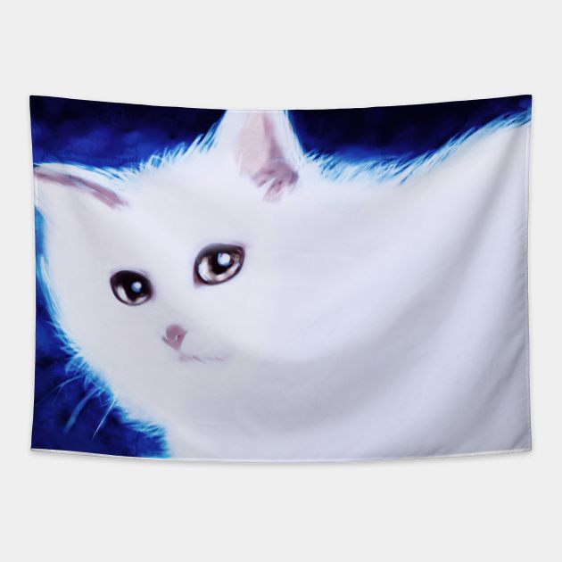 Glowing White Cat Painting Tapestry by saradaboru