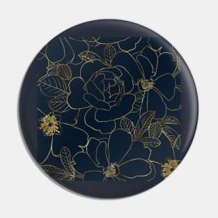 Elegant Gold Roses Floral Drawing Blue Design Pin