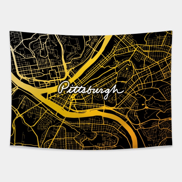 Pittsburgh Map Black and Yellow Tapestry by polliadesign