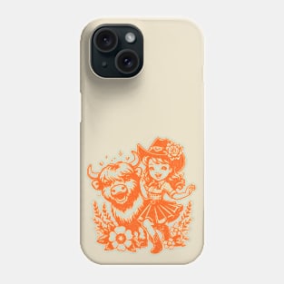 Western CowGirl Kid and Highland Cow - Retro style Unique Cowboy Themed Phone Case