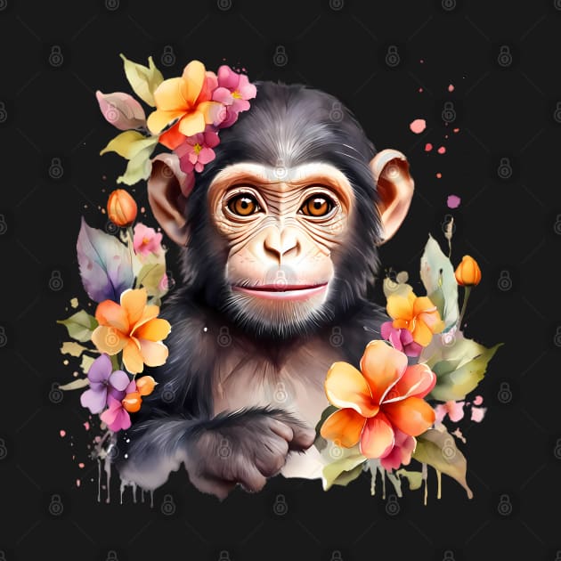 A baby chimpanzee decorated with beautiful watercolor flowers by CreativeSparkzz