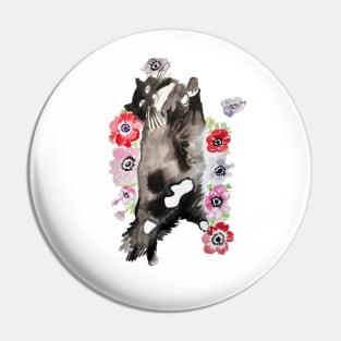 Black and White Cat with Flowers Pin