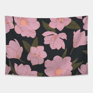 Cold pink magnolias pattern on dark Tapestry
