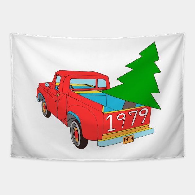 Red Pick up Truck with Christmas Tree Tapestry by Grafititee