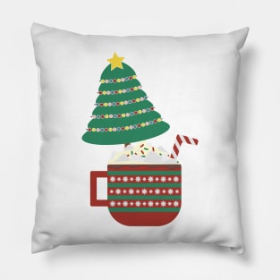 Decorated Christmas tree in a large Red Green mug with hot cocoa, whipped cream, marshmallow and striped candy cane Pillow