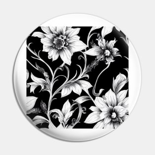 Vintage Floral Cottagecore Romantic Flower Design Black and White Pin