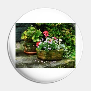 Geraniums and Lavender Flowers on Stone Steps Pin