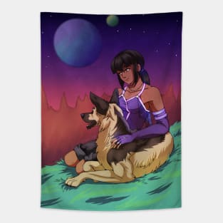 A Girl and her Dog in Space Tapestry