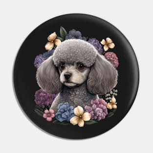 Gray Toy Poodle and Flowers Pin