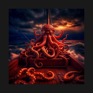 Octopus on a boat on a scary night T-Shirt