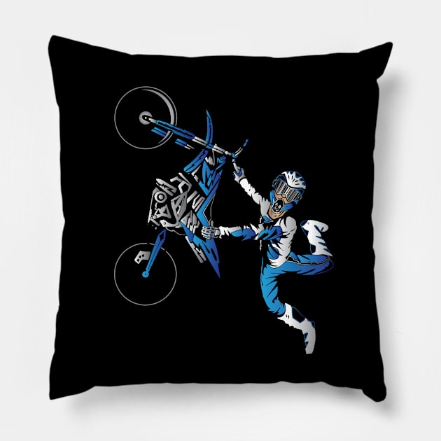 Dirtbiker Motocross Freestyle Fly Blue. Pillow by OffRoadStyles