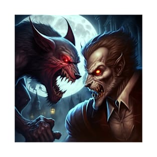 Close up of a cartoon image of a vampire vs. a werewolf fight at full moon. T-Shirt