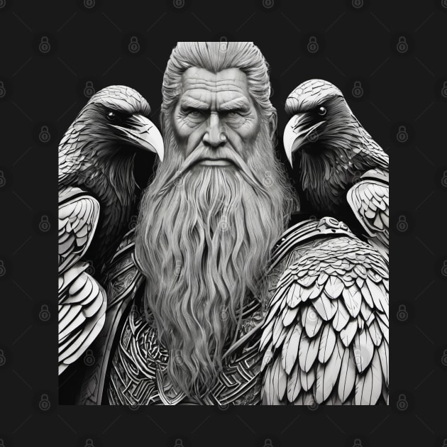 King of the Vikings Odin in Battle Armor with his ravens Huginn and Muninn done in a realistic black and gray. by DesignsbyZazz