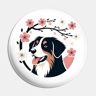 Appenzeller Sennenhund Revels in Spring Cherry Blossoms Pin